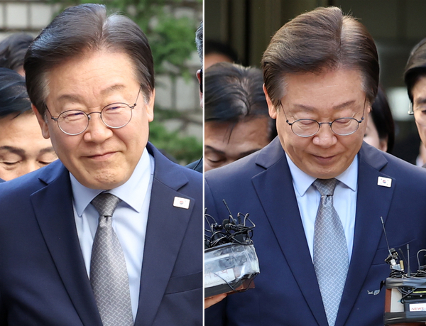 더불어민주당 이재명 대표가 15일 오후 서울 서초구 서울중앙지법에서 열린 공직선거법 위반 혐의 관련 1심 선고 공판에서 징역 1년 집행유예 2년을 선고 받았다. 사진은 이날 법정에 출석 전 후의 이재명 대표의 모습. 2024.11.15 /연합뉴스