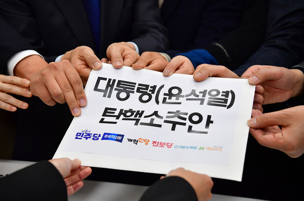 4일 서울 여의도 국회에서 개혁신당 이주영 의원(왼쪽부터), 천하람 원내대표, 조국혁신당 신장식 의원, 진보당 윤종오 원내대표, 기본소득당 용혜인 대표, 사회민주당 한창민 대표, 더불어민주당 김용민 의원이 야6당이 공동발의한 윤석열 대통령 탄핵소추안을 제출하고 있다. 2024.12.4 /연합뉴스