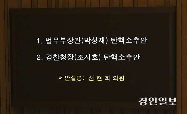 12일 오후 서울 국회에서 열린 본회의에서 박성재 법무부 장관과 조지호 경찰청장의 탄핵소추안 설명이 이뤄지고 있다. 2024.12.12 /이지훈기자 jhlee@kyeongin.com