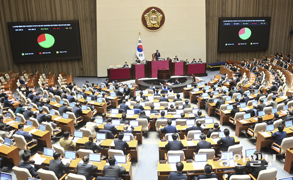 12일 오후 서울 국회에서 열린 본회의에서 윤석열 대통령 배우자 김건희의 주가조작 사건 등의 진상규명을 위한 특별검사 임명 등에 관한 법률안(김건희 특검법)이 가결되고 있다. 2024.12.12 /이지훈기자 jhlee@kyeongin.com