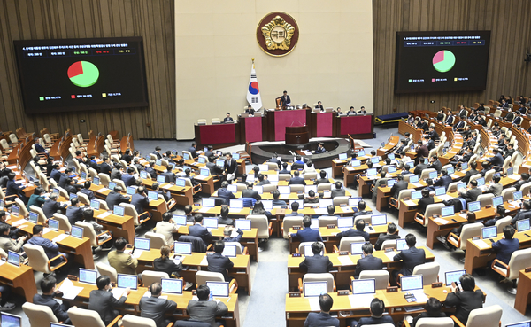 12일 오후 서울 국회에서 열린 본회의에서 윤석열 대통령 배우자 김건희의 주가조작 사건 등의 진상규명을 위한 특별검사 임명 등에 관한 법률안(김건희 특검법)이 가결되고 있다. 2024.12.12 /이지훈기자 jhlee@kyeongin.com