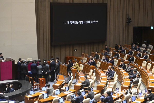 14일 오후 서울 국회에서 열린 본회의에서 윤석열 대통령의 탄핵소추안이 표결되고 있다. 이날 무기명 투표 결과 재적 300명 중 300명 투표, 찬성 204표, 반대 85표 등으로 윤 대통령 탄핵소추안이 가결됐다. 2024.12.14 /이지훈기자 jhlee@kyeongin.com