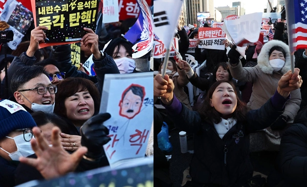 14일 오후 서울 여의도 국회의사당 앞에서 뉴스를 지켜보던 시민들이 환호하고 있는모습(사진 왼쪽), 보수성향 단체인 대한민국바로세우기국민운동본부 주최로 열린 ‘자유 대한민국 수호 국민혁명대회’에서 참석자들이 구호를 외치고 있다. /조재현기자 jhc@kyeongin.com, 연합뉴스