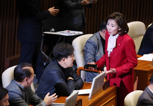 국민의힘 나경원 의원이 10일 오후 국회 본회의장에서 동료 의원들과 대화하고 있다. 2024.12.10 /연합뉴스