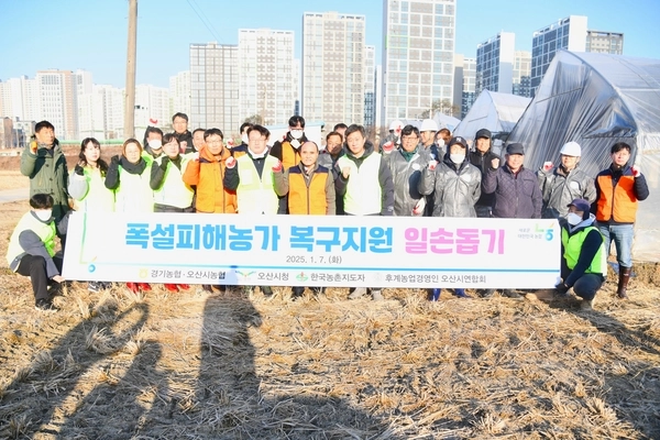 엄범식 농협중앙회 경기지역본부장을 비롯해 경기농촌지원단, 나상관 오산시지부장, 이기택 오산농협조합장, 한국농촌지도자회·한국후계농업경영인 오산시연합회 회원 등 20여명이 일손돕기를 한 뒤 기념촬영을 하고 있다. 2025.1.7 /농협중앙회 경기지역본부 제공