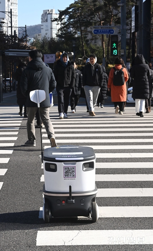 10일 오후 성남시 분당구의 한 거리에서 배달 로봇이 횡단보도를 천천히 건너고 있다. 2025.1.10 /최은성기자 ces7198@kyeongin.com