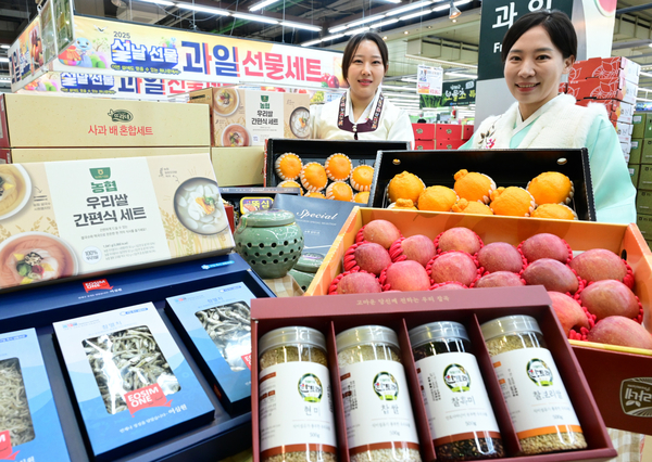 농협유통이 을사년 설 명절을 앞두고 치솟은 물가로 부담을 느끼는 고객들을 위해 가성비 선물 세트를 선보인다고 14일 밝혔다. 모델들이 농협유통 가성비 선물 세트를 소개하고 있다. 2025.1.14 /농협유통·농협하나로유통 제공