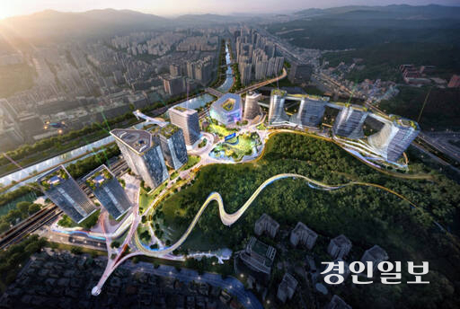 성남시 소유지인 분당구 정자동 1번지 백현지구(20만6천350㎡)에 6조2천억원 규모의 대규모 마이스 시설을 건설하는 공영개발사업으로, 환경영향평가 착오 등에 이어 이번에는 토목설계업체 선정 문제가 도마에 오르면서 문제가 되고 있는 ‘백현마이스 도시개발사업’ 조감도. /성남시 제공