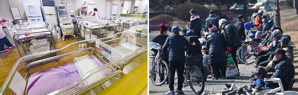 (왼쪽부터) 수원 시내 한 산부인과 신생아실이 한산한 모습을 보이고 있다. 수원시 장안공원에서 노인들이 삼삼오오 모여 시간을 보내고 있다. /경인일보DB