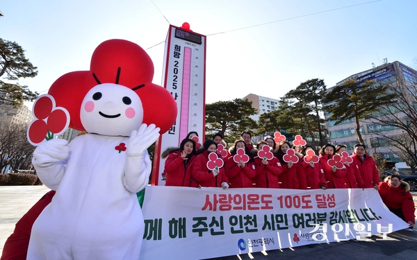 3일 오후 인천시 남동구 인천시청 앞 애뜰광장 사랑의 온도탑에서 열린 ‘희망 2025 나눔 캠페인’ 폐막식에서 인천사회복지공동모금회 직원들이 ‘사랑의온도 100℃’ 달성을 기념했다. 인천사회복지공동모금회는 이번 캠페인에서 최종 117억7천600만원이 모여 나눔온도 108℃를 기록했다. 2025.2.3 /조재현기자 jhc@kyeongin.com