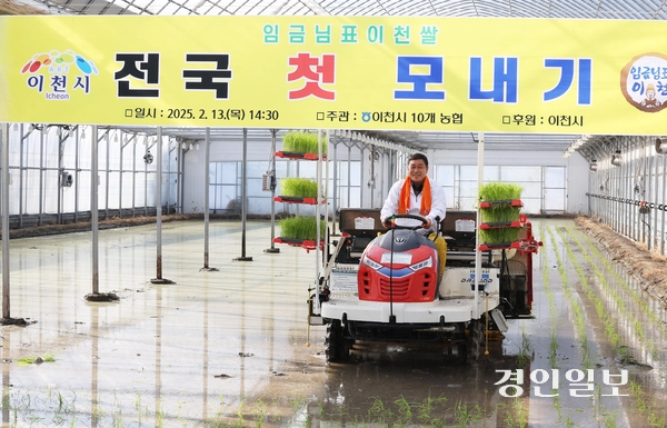 13일 오후 이천시 호법면 한 비닐하우스 논에서 열린 ‘임금님표 전국 첫 모내기 행사’에서 김경희 이천시장을 비롯한 참석자들이 모내기를 하고 있다. 2025.2.13 /최은성기자 ces7198@kyeongin.com