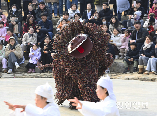 16일 오후 용인시 한국민속촌에서 국가무형유산 북청사자놀음 특별 공연 ‘정월대보름 놀아봅세’가 열리고 있다. 북청사자놀음은 함경남도 북청에서 행해진 민속놀이로 사자탈을 쓰고 잡귀를 쫓아 마을의 평안과 풍요를 기원한다. 2025.2.16 /이지훈기자 jhlee@kyeongin.com