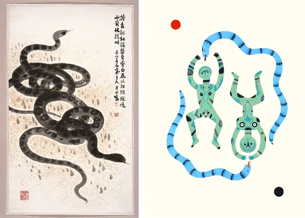 이천시립월전미술관에서 을사년 새해맞이 띠 그림전이 지난 13일부터 열리고 있다. 왼쪽부터 장우성 작품(75×44㎝, 종이에 수묵담채)과 윤진초 작품(118.9×84.1㎝, 파인아트 프린트와 안료). /이천시립월전미술관 제공