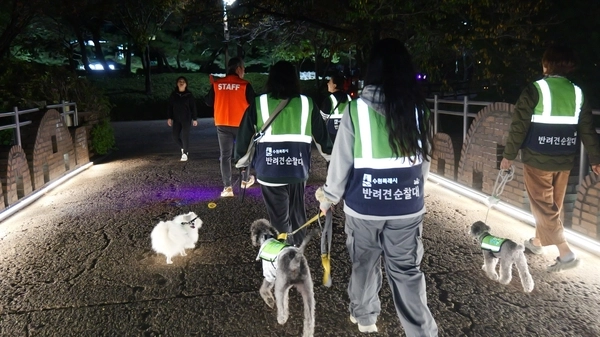 수원시 반려견 순찰대가 장안구 송죽동 주택밀집지역에서 수원 중부경찰서와 함께 합동 순찰을 하고 있다. /수원시 제공