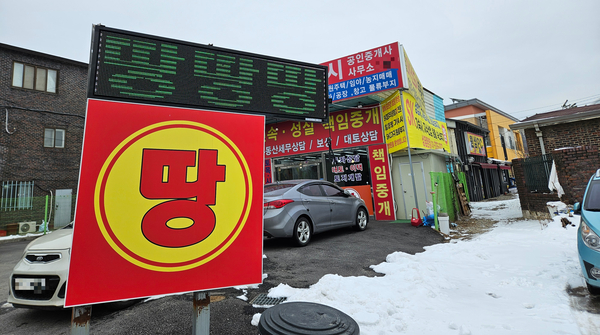 지난달 31일 용인시 처인구 원삼면의 한 부동산중개업소와 농가에 부동산 투자를 권유하는 현수막 등이 붙어 있다. SK하이닉스를 비롯해 세계 최대 반도체 메가클러스터가 조성될 예정인 이 곳은 지난해 전국에서 가장 높은 지가상승률을 기록했다. 2025.1.31 /김지원기자 zone@kyeongin.com