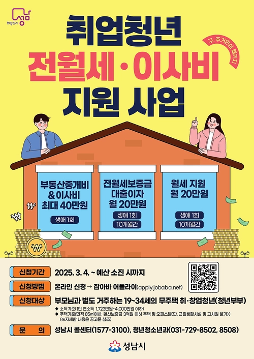 성남시 ‘취업 청년 전월세·이사비 지원사업’ 안내 포스터. /성남시 제공
