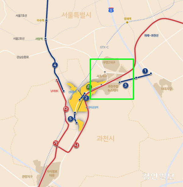국토교통부가 2020년 5월 발표한 과천과천지구 광역교통 개선대책 노선도. 위례과천선 노선이 주암지구를 통과하는 경로로 표시돼 있다(초록색 사각형 부분). /국토교통부 제공