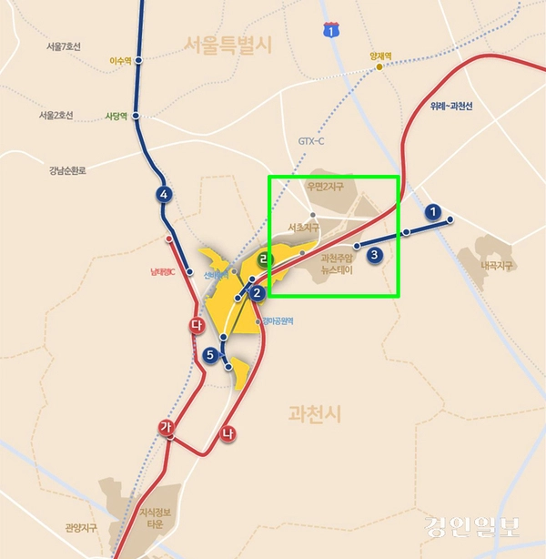 국토교통부가 2020년 5월 발표한 과천과천지구 광역교통 개선대책 노선도. 위례과천선 노선이 주암지구를 통과하는 경로로 표시돼 있다(초록색 사각형 부분). /국토교통부 제공