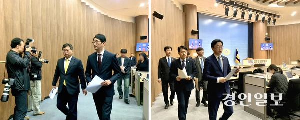 국민의힘 주진우 법률자문위원장을 비롯한 여당 의원들(왼쪽 사진)과 더불어민주당 이용우 법률위원장 등 야 5당 의원들이 국회 소통관에서 20분 간격으로 기자회견을 열어 각각 오동운 공수처장과 심우정 검찰총장에 대한 고발을 예고한 뒤 퇴장하고 있다. 2025.3.10 /김우성기자 wskim@kyeongin.com