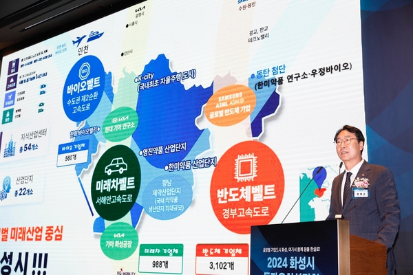 정명근 화성시장이 지난해 서울에서 투자유치 설명회를 열고 화성시의 장점을 설명하고 있다/화성시 제공