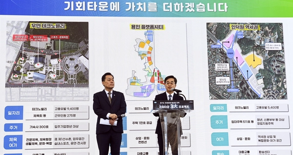 김동연 경기도지사와 이재준 수원시장이 11일 오전 수원시 팔달구 수원월드컵경기장에서 열린 ‘경기 기회타운 3大 프로젝트’ 관련 언론 브리핑에서 취재진의 질문에 답하고 있다. 2025.3.11 /이지훈기자 jhlee@kyeongin.com