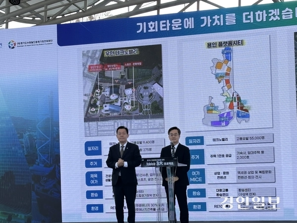 김동연 경기도지사와 이재준 수원시장은 11일 수원시 팔달구 수원월드컵경기장 야외광장에서 언론브리핑을 열고 “수원 우만테크노밸리, 용인 플랫폼시티, 안양 인덕원 역세권에 ‘3대 기회타운’을 조성하겠다”고 발표했다. 2025.3.11 /이영지기자 bbangzi@kyeongin.com