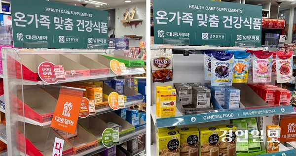 지난달 27일 방문한 수원 지동 소재 다이소 건기식 매대(왼쪽). 10일 찾은 수원 지동 다이소 건기식 매대. /윤혜경기자 hyegyung@kyeongin.com