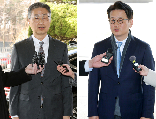 헌법재판소가 최재해 감사원장과 이창수 서울중앙지검장에 대한 국회의 탄핵소추를 기각한 13일 오전 최 감사원장(왼쪽)이 종로구 감사원으로, 같은 날 오후 이 중앙지검장이 서초구 서울중앙지검으로 각각 출근하며 입장을 말하고 있다. 2025.3.13 /연합뉴스