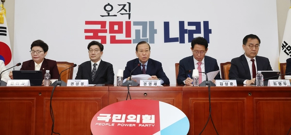 국민의힘 권영세 비상대책위원장(가운데)이 13일 서울 여의도 국회에서 열린 비상대책위원 회의에서 발언하고 있다. 2025.3.13 /연합뉴스