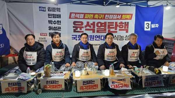윤석열 탄핵 국회의원연대를 구성한 야5당 의원들이 14일 광화문에서 ‘탄핵심판 선고’를 촉구하며 단식 농성을 벌이고 있다. /김준혁 의원실 제공