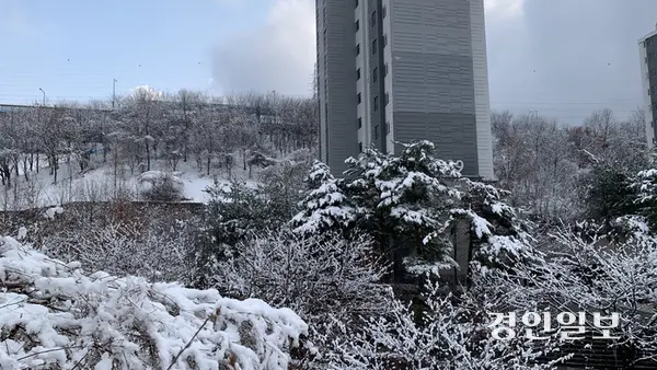 18일 오전 수원 이의동 버들치 터널 인근의 한 아파트 단지 뒤로 토사가 무너지는 걸 막기 위해 옹벽을 쌓아둔 모습. 이날 새벽 내린 눈으로 습기를 머금은 흙 위로 다시 눈이 쌓였다. 2025.3.18 /유혜연기자 pi@kyeongin.com