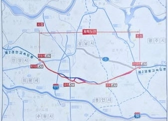‘제2영동연결고속도로’ 노선도, 성남 분당 구간은 7㎞로 구미동을 중심으로 정자동·정자3동·금곡동·구미1동·운중동 등 6개동에 걸쳐 지하터널로 이어진다. /국토부 제공