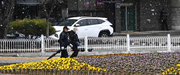 꽃샘추위가 이어진 30일 수원시내에  눈발이 흩날리고 있다. 2025.3.30 /임열수기자 pplys@kyeongin.com