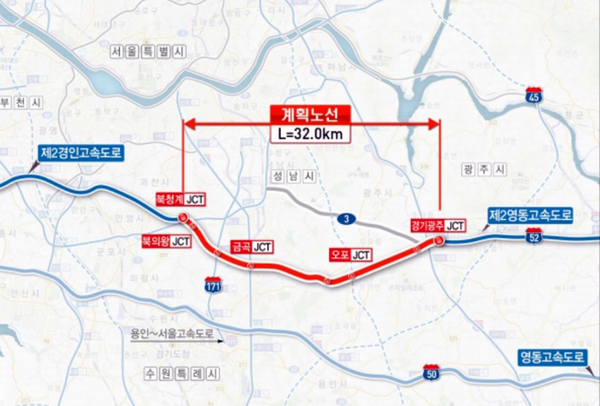 의왕~광주 민자고속도로 계획 노선도.