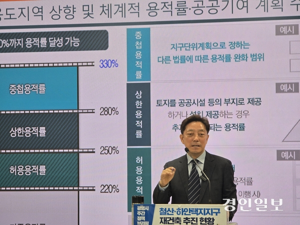 9일 광명시청 중회의실에서 장병국 광명시 신도시개발국장이 철산하안택지지구 재건축 사업에 대헤 설명하고 있다. 2025.4.9 광명/김성주기자 ksj@kyeongin.com