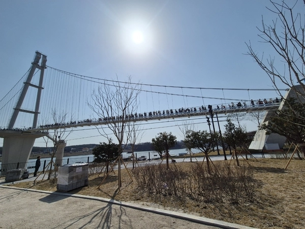 여주 남한강 출렁다리에 몰린 관광객들이 다리를 건너고 있다. 임시 운영 첫 주말에만 2만여 명이 방문한 이 다리는 국내 최장 보도 현수교로, 5월 1일 정식 개통을 앞두고 있다. 사진은 방문객들이 남한강을 가로지르는 출렁다리 위에서 봄 나들이를 즐기고 있다. 2025.4.6 / 여주세종문화관광재단 제공