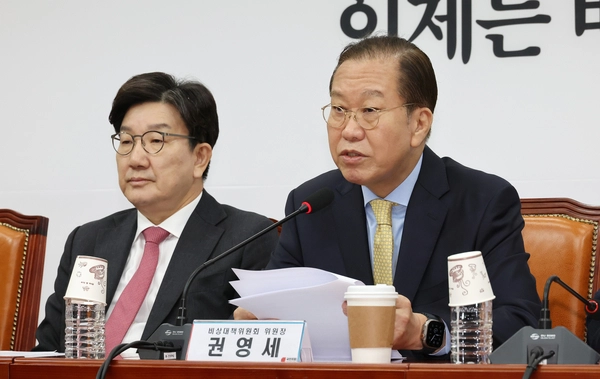 국민의힘 권영세 비상대책위원장이 14일 국회에서 열린 비상대책위원회 회의에서 발언하고 있다. 왼쪽은 권성동 원내대표. 2025.4.14 /연합뉴스