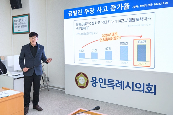 용인시의회 김병민의원이 주차장 돌진사고 예방 조례개정을 위한 간담회에서 입안취지를 설명하고 있다./용인특례시의회 제공