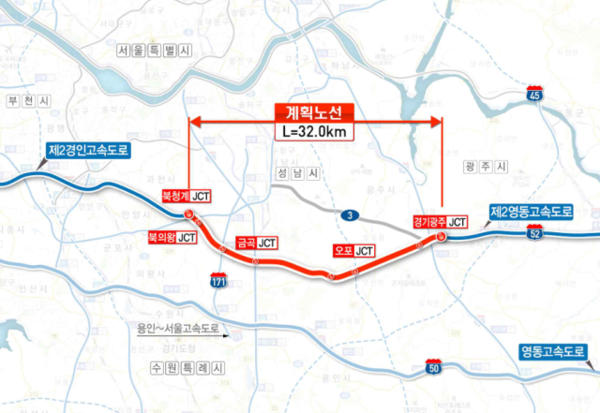 ‘제2영동연결고속도로’(의왕~광주 고속도로) 노선도. 성남 분당구간은 총 7㎞ 로 대장동IC부터 지하(70~130m)로 해서 구미동, 정자동, 금곡동, 운중동, 정자3동 등 6개 동을 거쳐 광주시까지 지하터널로 계획돼 있다. /국토부 제공