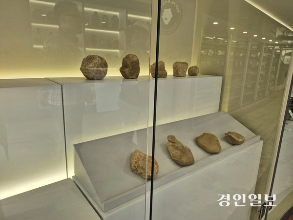 오는 5월2일 개관을 앞둔 연천군 전곡선사유적지 내 ‘연천의 보물, 보이는 수장고’의 구석기 유물들. 2025.4.29 연천/오연근기자 oyk@kyeongin.com