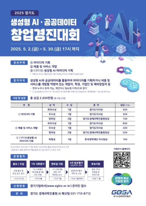 경기도는 ‘2025년 경기도 생성형AI·공공데이터 활용 창업경진대회’ 참가자를 오는 30일까지 모집한다고 2일 밝혔다. /경기도 제공