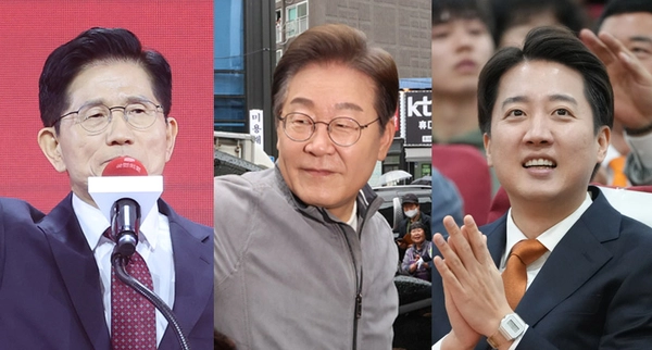 김문수 국민의힘 대선 후보는 더불어민주당 이재명 전 대표, 개혁신당 이준석 후보와 함께 대선 3파전 구도를 형성하게 됐다. /연합뉴스