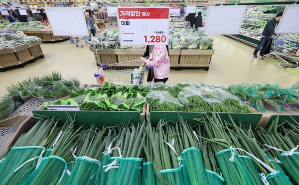 이달 배추와 대파, 당근 등 주요 농산물 가격이 1년 전보다 하락할 것이라는 전망이 나온 6일 서울 서초구 하나로마트 양재점에 대파가 진열돼 있다. 2025.5.6 /연합뉴스