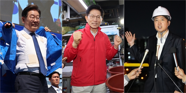 제21대 대통령 선출을 위한 공식 선거운동이 12일 시작됐다. 첫 유세 일정으로 더불어민주당 이재명 대선 후보(왼쪽)는 서울 광화문 청계광장에서 출정식을 열고 방탄복 위에 선거운동복을 입었다. 국민의힘 김문수 대선 후보(가운데)는 서울 송파구 가락시장을 찾아 상인들을 만났고, 개혁신당 이준석 대선 후보는 전남 여수시 금호피앤비화학 여수2공장을 방문했다. 2025.5.12 /연합뉴스