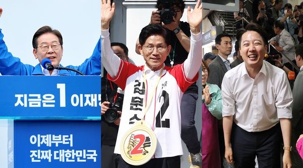 14일 창원 상남분수광장 유세를 하는 더불어민주당 이재명 후보. 진주 광미사거리에서 지지를 호소하는 국민의힘 김문수 후보. 부산 자갈치시장에서 상인들과 인사를 나누는 이준석 후보. 2025.5.14 /연합뉴스