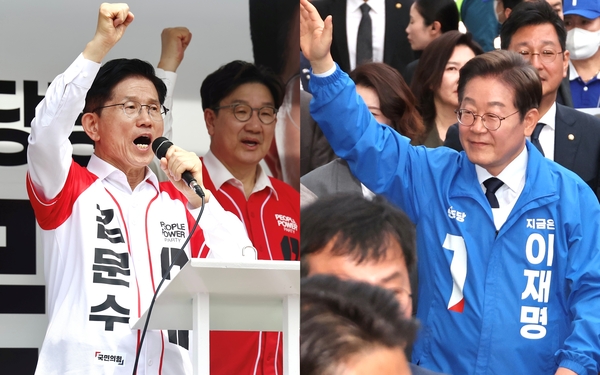 13일 울산 신정시장 인근에서 유세를 하는 국민의힘 김문수 후보와 롯데백화점 울산점 광장에서 시민들에게 인사하는 더불어민주당 이재명 후보. 2025.5.14 /연합뉴스
