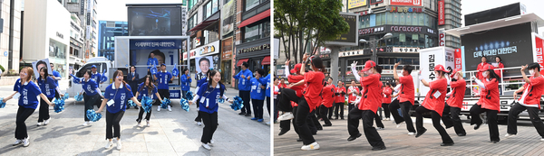 제21대 대통령 선거를 20일 앞둔 가운데 경기도 곳곳에서 열띤 선거 운동이 진행되고 있다. 14일 의정부로데오거리와 부천역에서 이재명 더불어민주당 대선 후보 선거운동원들과 김문수 국민의힘 대선 후보 선거운동원들이 각각 유권자에게 지지를 호소하고 있다. 2025.5.14 /이지훈·최은성기자 jhlee@kyeongin.com