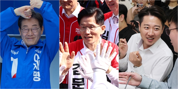 14일 더불어민주당 이재명 대선 후보(사진 왼쪽부터)가 부산진구 서면에서, 국민의힘 김문수 대선 후보가 경남 진주시 진주광미사거리에서, 개혁신당 이준석 대선 후보가 부산 금정구 부산대학교에서 시민들과 소통하고 있다. 2025.5.14 /연합뉴스
