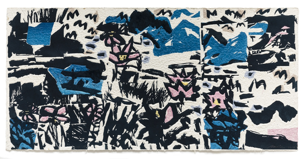 손기환, 산수, 한지에 목판화 릴리프, 140×66, 2017.