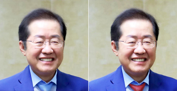 홍준표 전 대구시장이 19일 페이스북 커버사진을 파란 넥타이를 착용한 사진(왼쪽)으로 게시했다가 4시간 뒤 빨간 넥타이 사진으로 변경했다. 2025.5.19 /홍준표 페이스북 캡쳐.